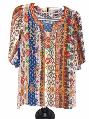 Savana Jane Floral Embroidered Boho Summer Babydoll Aztec Top Size Small